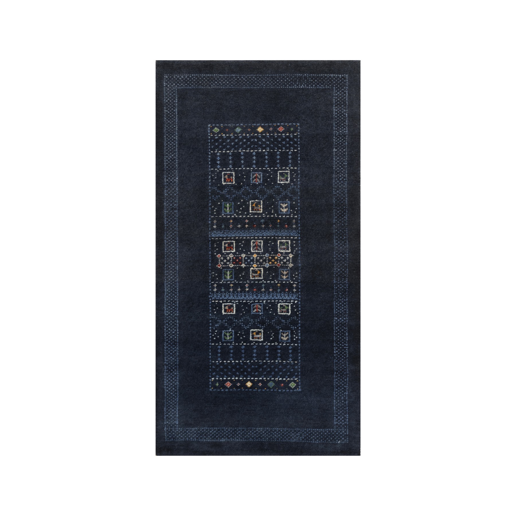 Midnight Blue, Modern, Lori Buft Gabbeh with Small Animal Figurines, Soft Wool, Hand Knotted, Thick and Plush, Short Runner, Oriental Rug